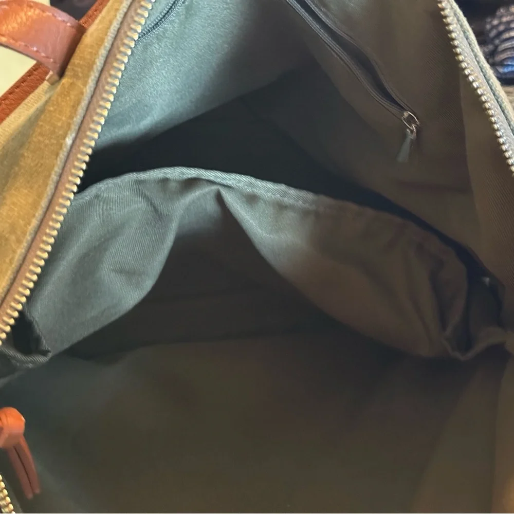 Olive Green Canvas Laptop Tote Bag Brown Shoulder Strap